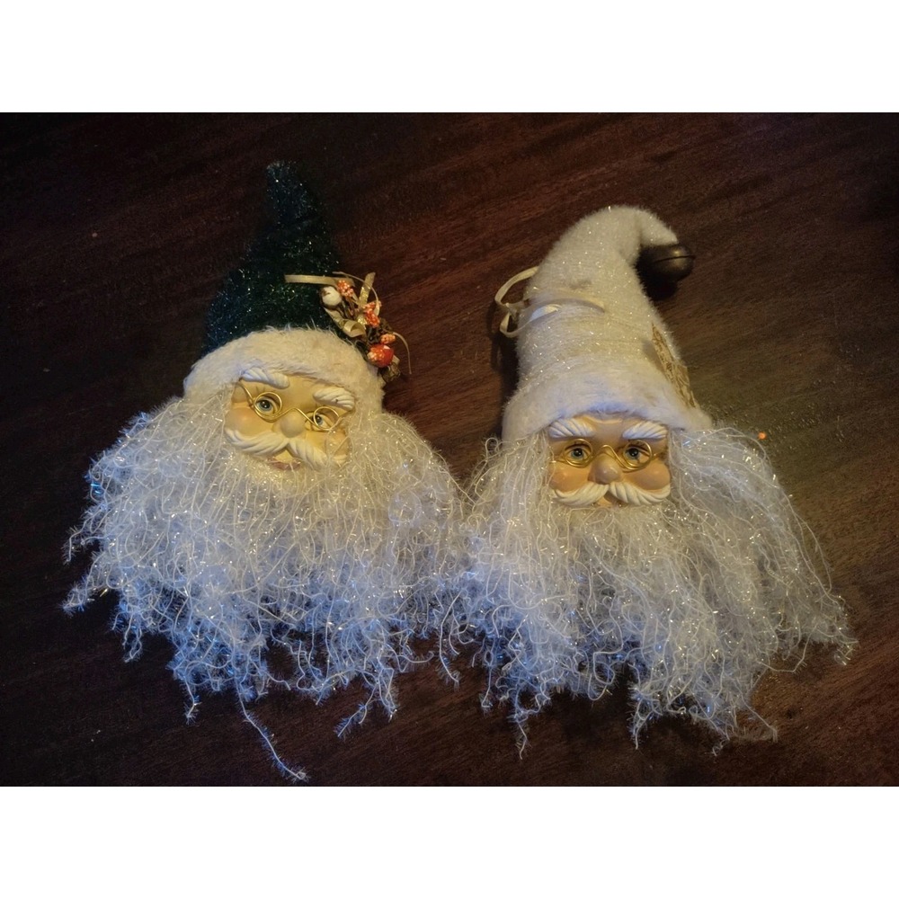 Vintage Sparkle Santa Cone Wall Hanging Pair Christmas Decor Long Curly Beard...